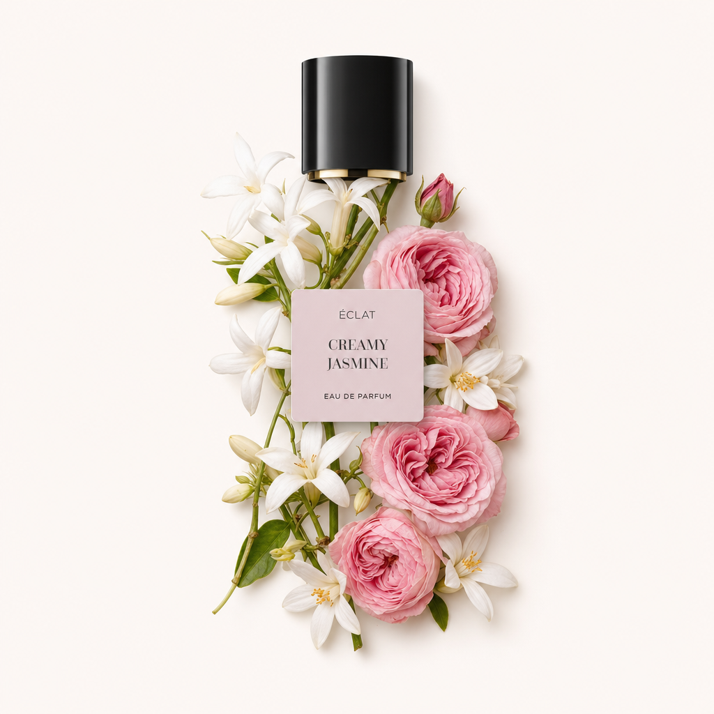 Una composizione fatta a mano di gelsomini bianchi e rose rosa circonda il tappo nero ÉCLAT Creamy Jasmine con la sua etichetta.