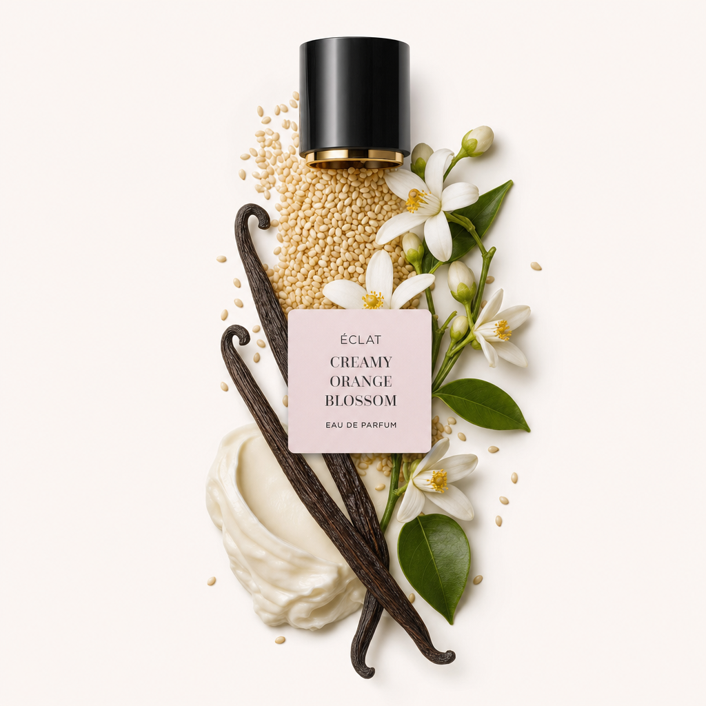 Un arrangiamento comprende bacche di vaniglia, fiori d'arancio, un vortice di crema e semi di sesamo sotto il tappo di ÉCLAT Creamy Orange Blossom con etichetta.