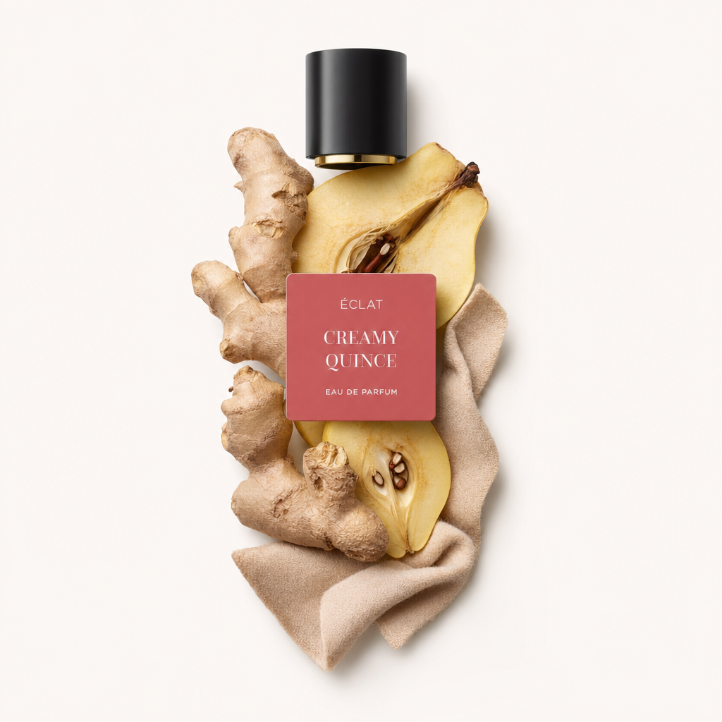 Un arrangiamento di still life con radici di zenzero e fette di cotogna, con tappo nero ed etichetta 'ÉCLAT Creamy Quince'.