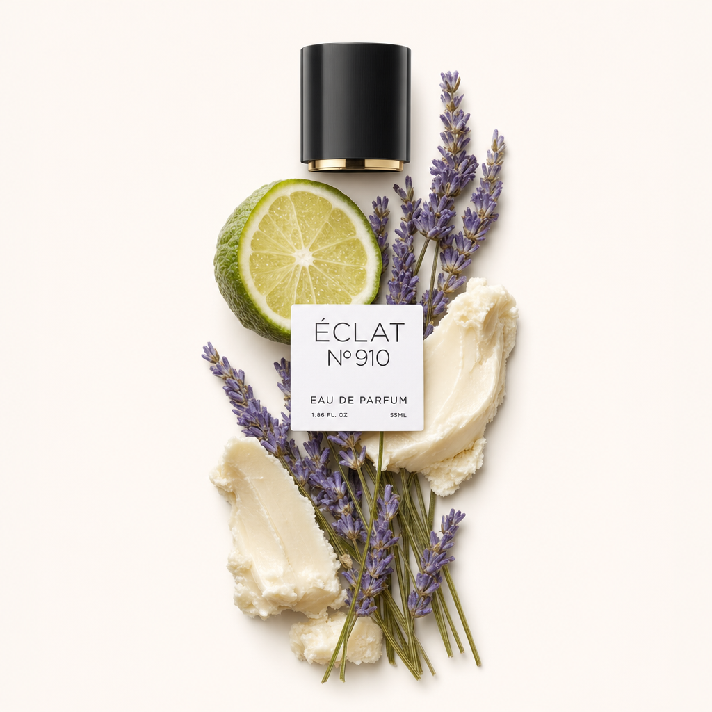 Un arrangiamento di rametti di lavanda fresca, una fetta di lime e crema soffice accanto al tappo nero originale con etichetta ÉCLAT.