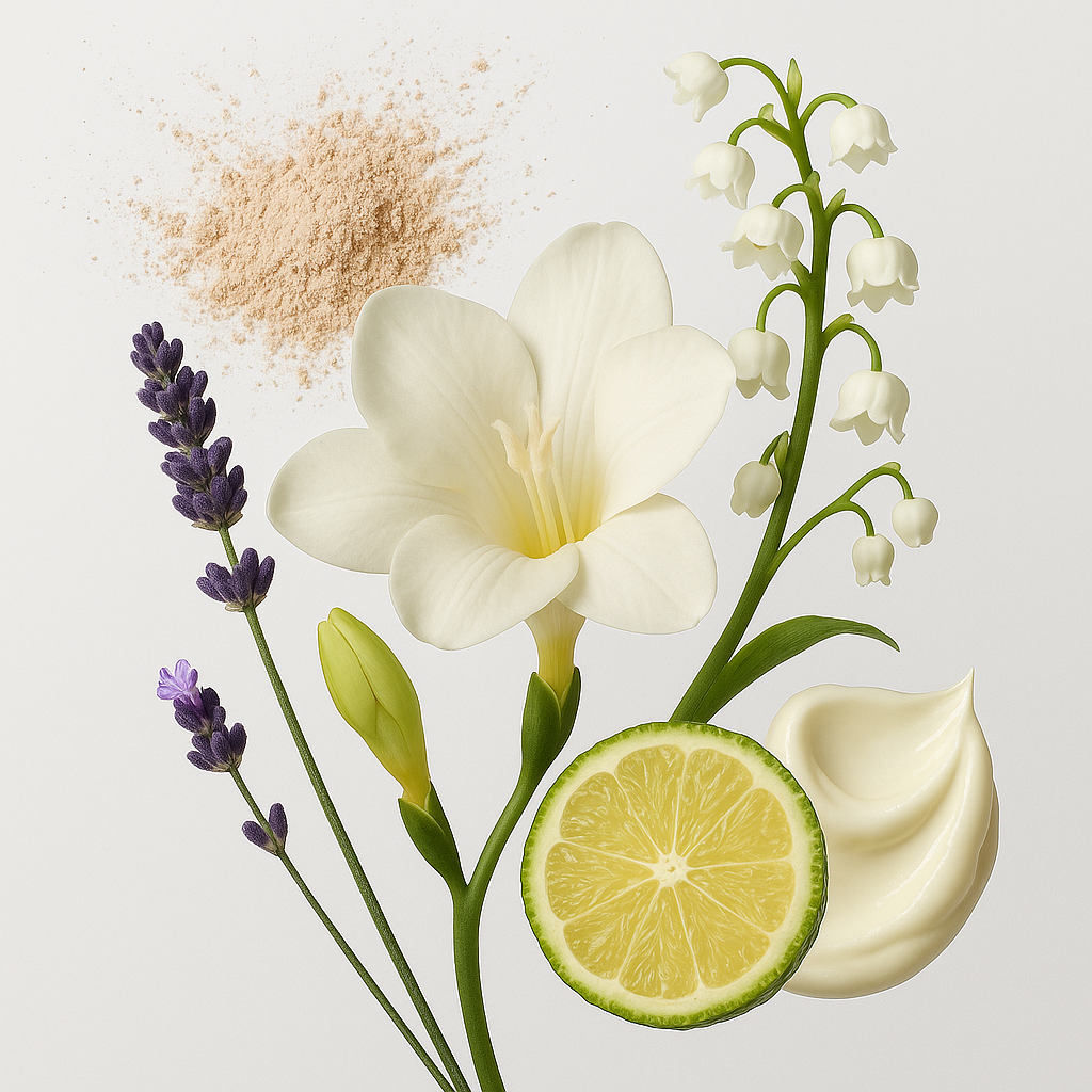 ÉCLAT Creamy White con fresia, lime, lavanda, mughetto, texture cremosa e accento di polvere su sfondo chiaro.