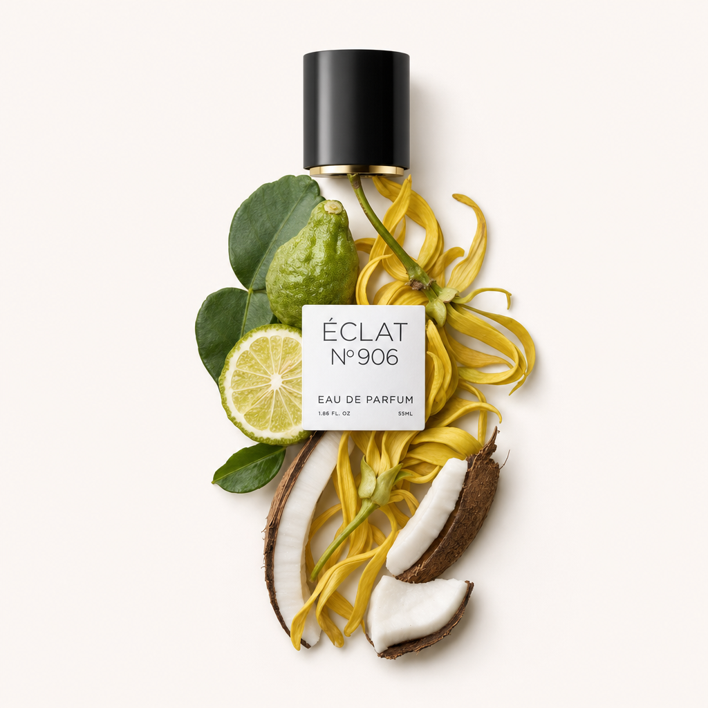 Un arrangiamento di fiori di ylang-ylang, bergamotto e pezzi di cocco circonda un tappo nero con etichetta ÉCLAT 906 VIP.
