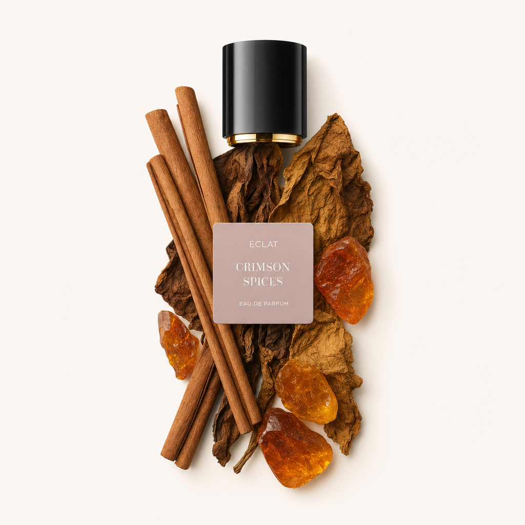 Un arrangiamento di bastoncini di cannella, foglie di tabacco secche e pietre d'ambra circonda il tappo nero con l'etichetta ÉCLAT Crimson Spices.