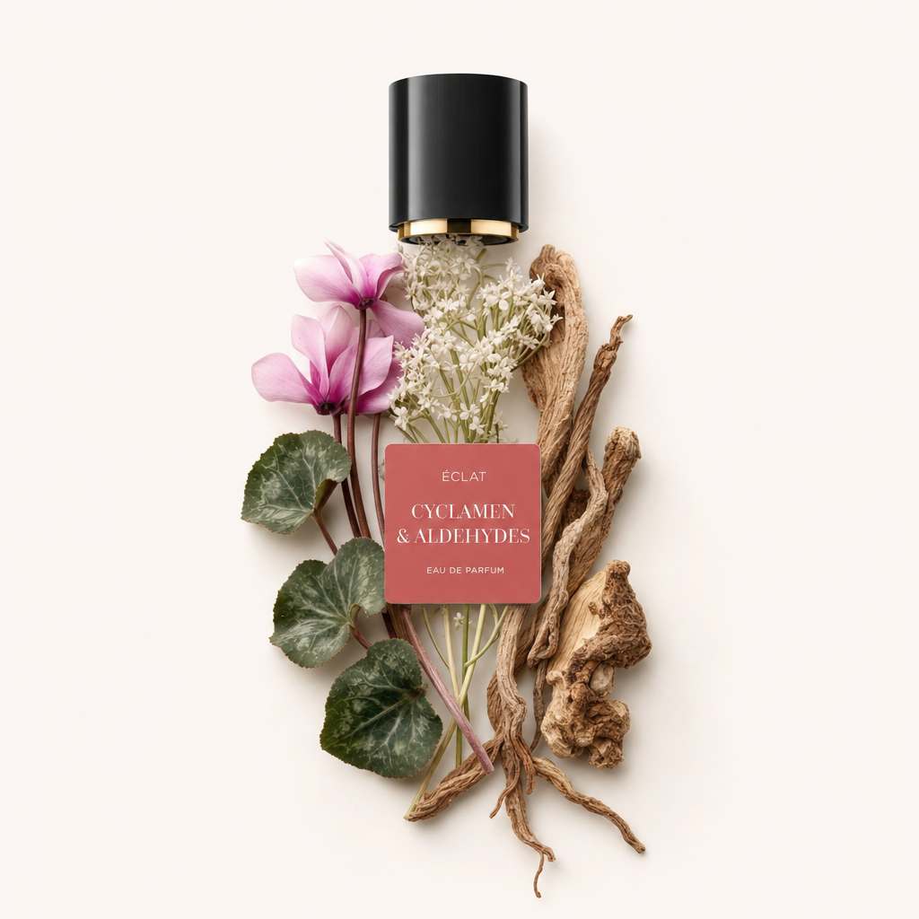 Una composizione di fiori di ciclamino, delicati fiori bianchi e radici essiccate, con tappo ed etichetta ÉCLAT Cyclamen & Aldehydes.