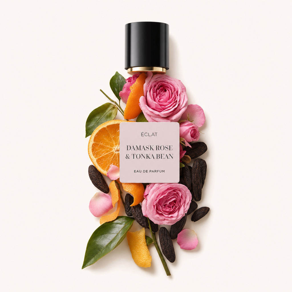 Un elegante arrangiamento di petali di rosa freschi, fagioli tonka interi e fette di arancia vivace circonda un tappo nero con etichetta ÉCLAT Damask Rose & Tonka Bean.