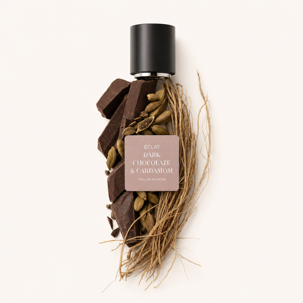 Un arrangiamento di pezzi di cioccolato fondente e baccelli di cardamomo circonda un tappo nero con etichetta ÉCLAT Dark Chocolate & Cardamom.