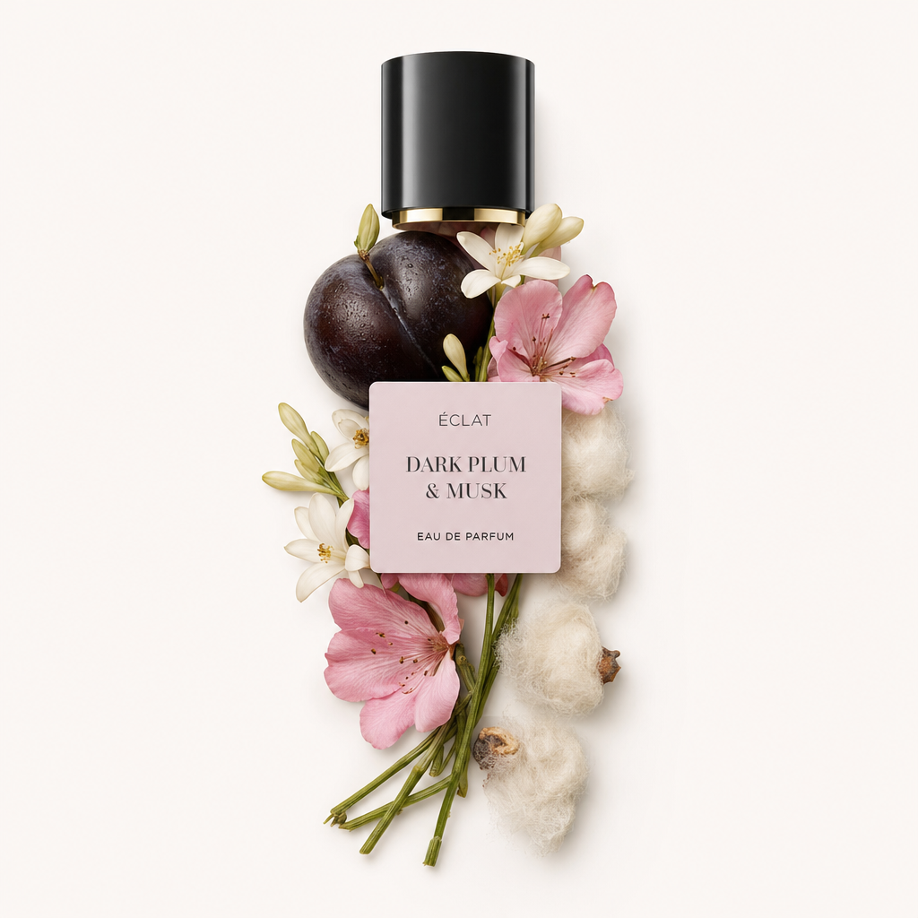 Un arrangiamento di prugna scura, fiori rosa e fiori bianchi con un tappo nero che presenta l'etichetta ÉCLAT Dark Plum & Musk.