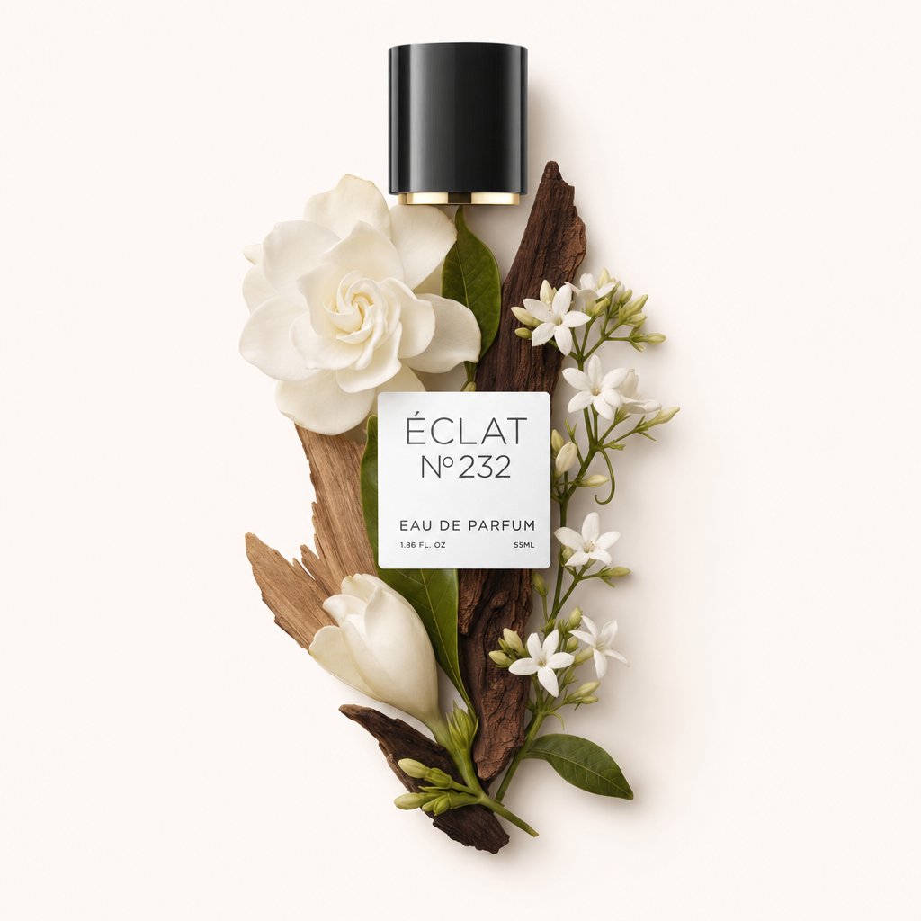 Un arrangiamento di fiori di gelsomino bianchi e fette di legno scuro circonda un tappo nero con etichetta ÉCLAT Dark Woods & Jasmine.