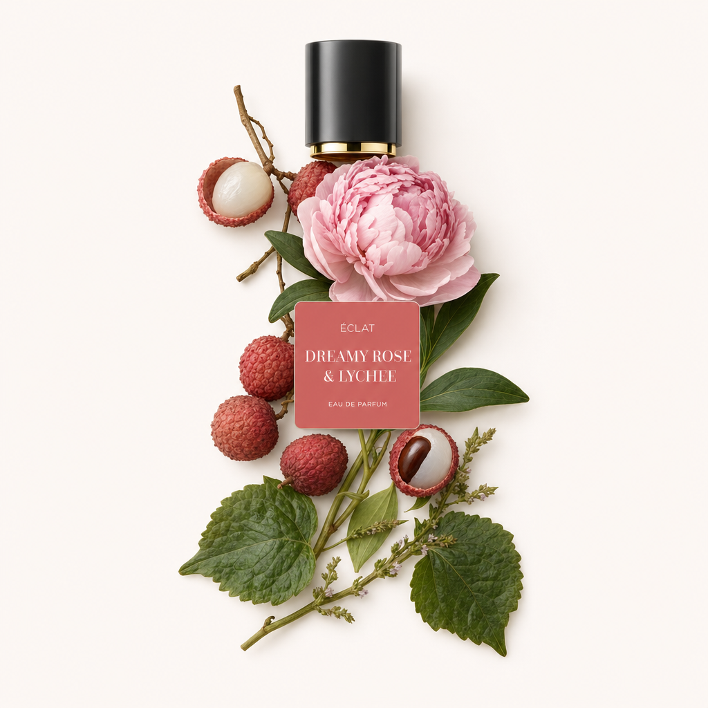 Un arrangiamento di una peonia rosa circondata da litchi freschi, rami e fogliame, con un tappo nero che mostra l'etichetta ÉCLAT Dreamy Rose & Lychee.