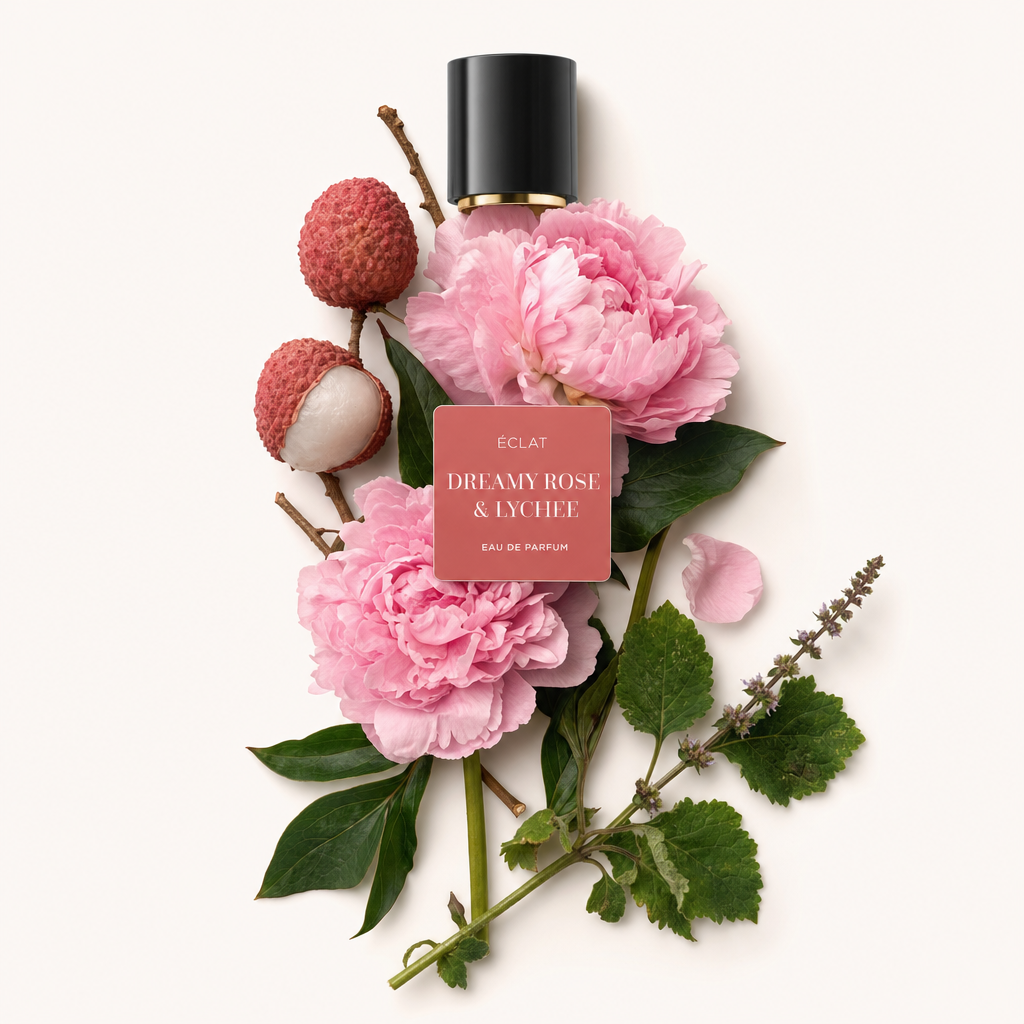Una composizione di peonie rosa e litchi maturi con un tappo nero con etichetta ÉCLAT Dreamy Rose & Lychee.