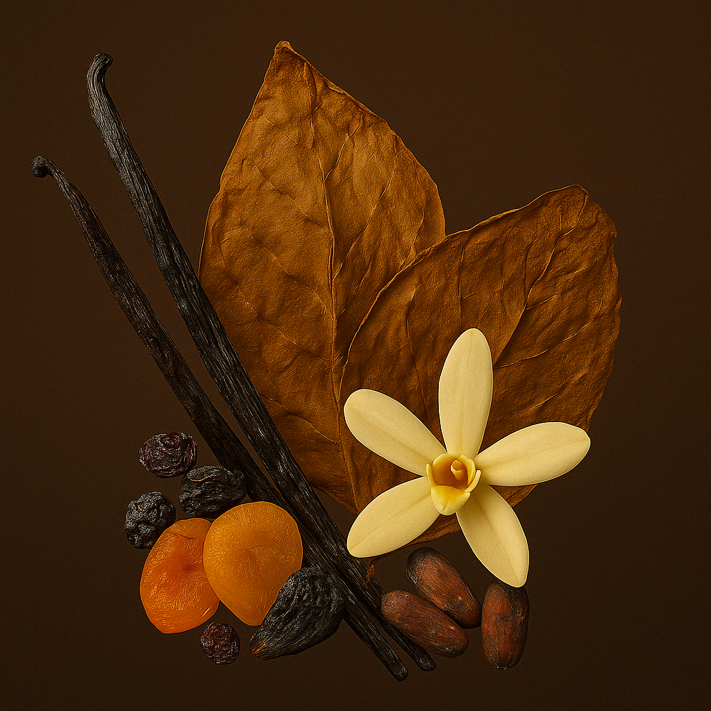 Foglie di tabacco essiccate, baccelli di vaniglia, albicocche, uvetta e fave di tonka elegantemente disposte, che illustrano le note di ÉCLAT VIP - Dry Fruits, Vanilla & Tobacco su sfondo scuro.