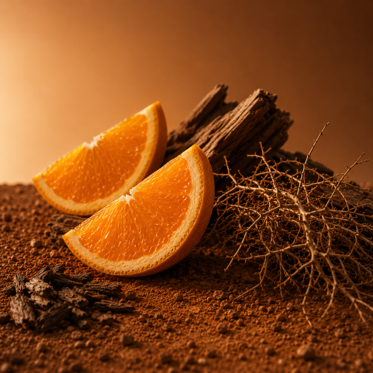 Un arrangiamento con fette di arancia fresca ed elementi terrosi su un terreno strutturato, evocando ÉCLAT Earthy Orange.