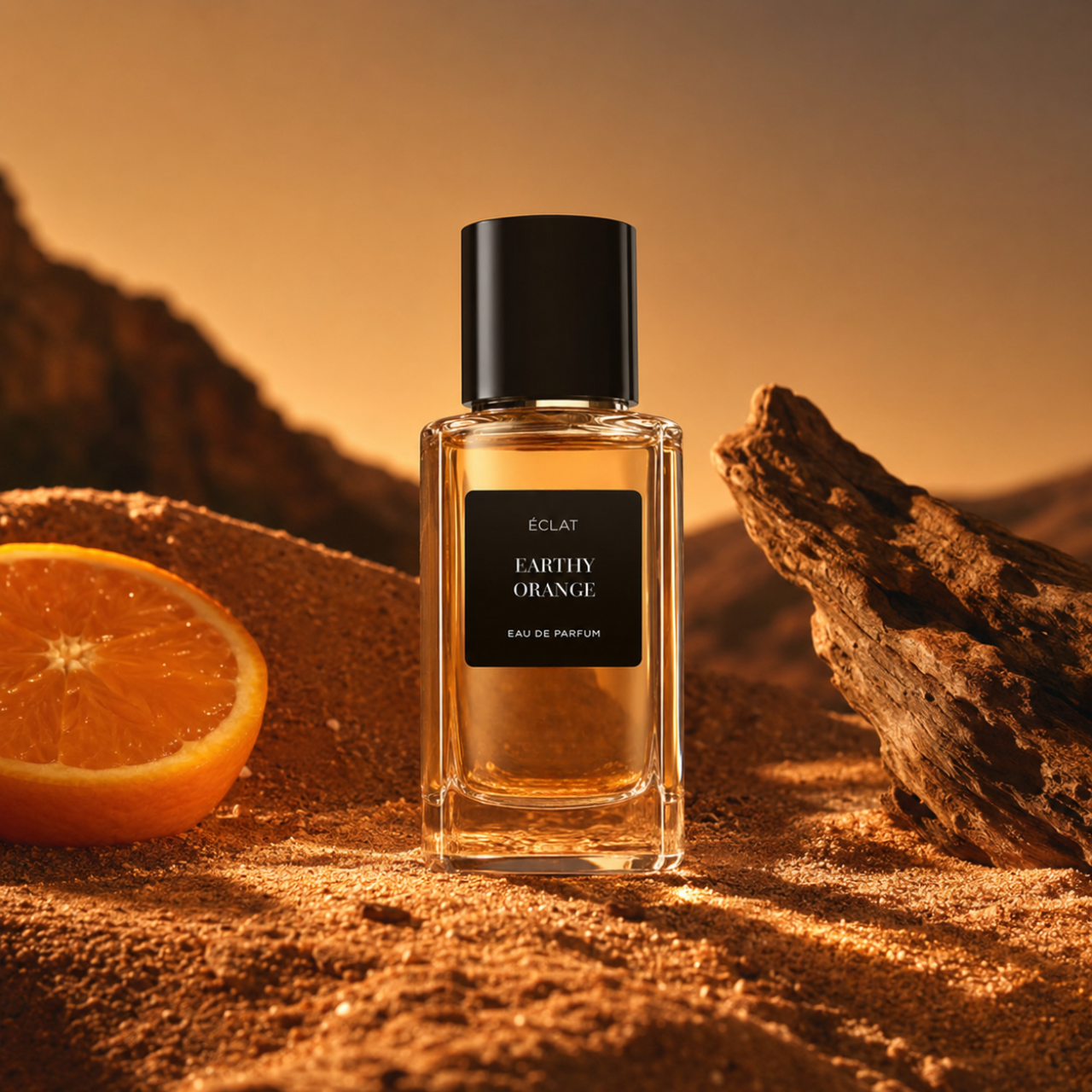 Una bottiglia di vetro sfaccettato di ÉCLAT Earthy Orange con tappo nero, su un terreno sabbioso accanto a una fetta d'arancia e un pezzo di legno, sullo sfondo di montagne.