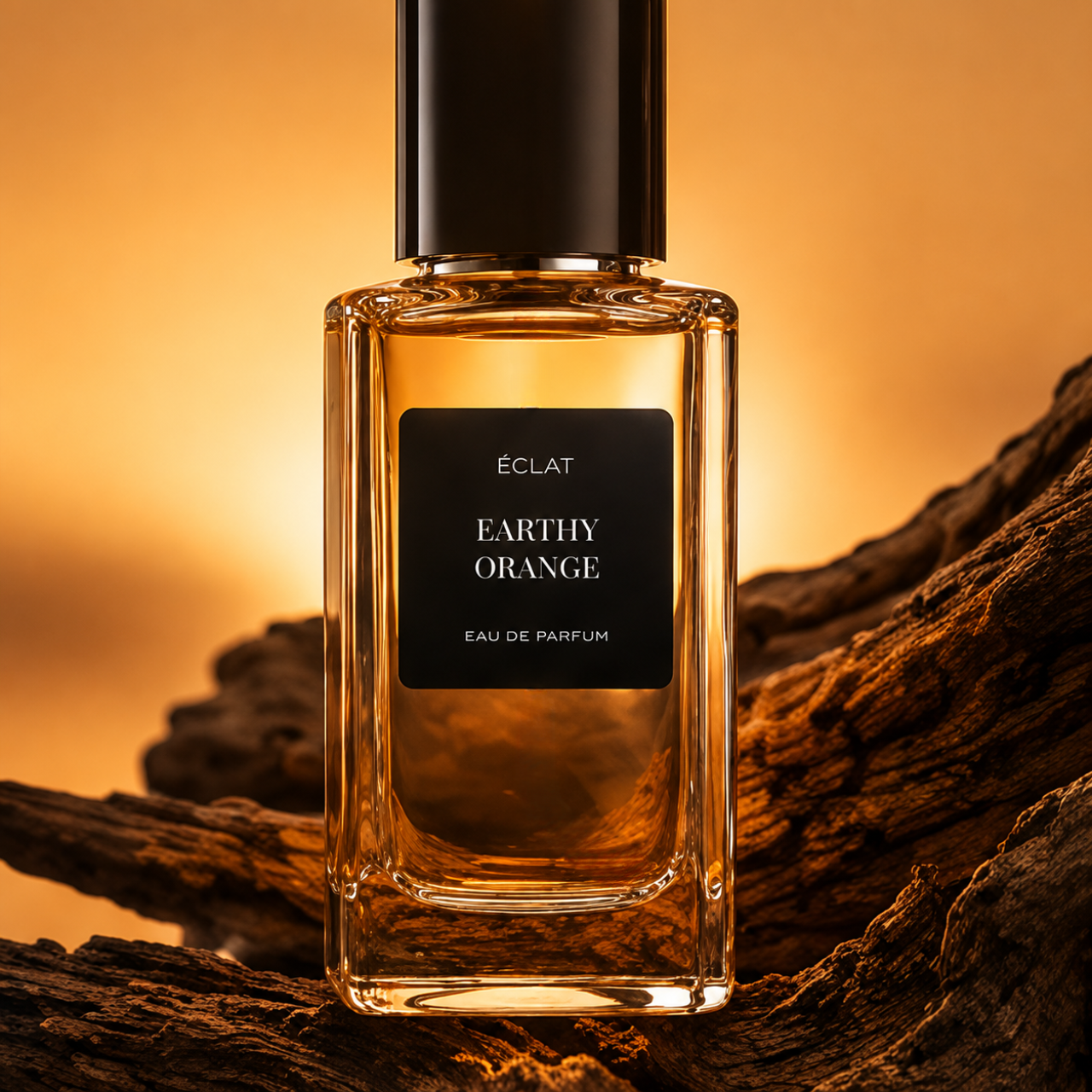 Un flacone in vetro sfaccettato di profumo ÉCLAT Earthy Orange con etichetta nera, su uno sfondo di legno rustico e un caldo bagliore arancione.