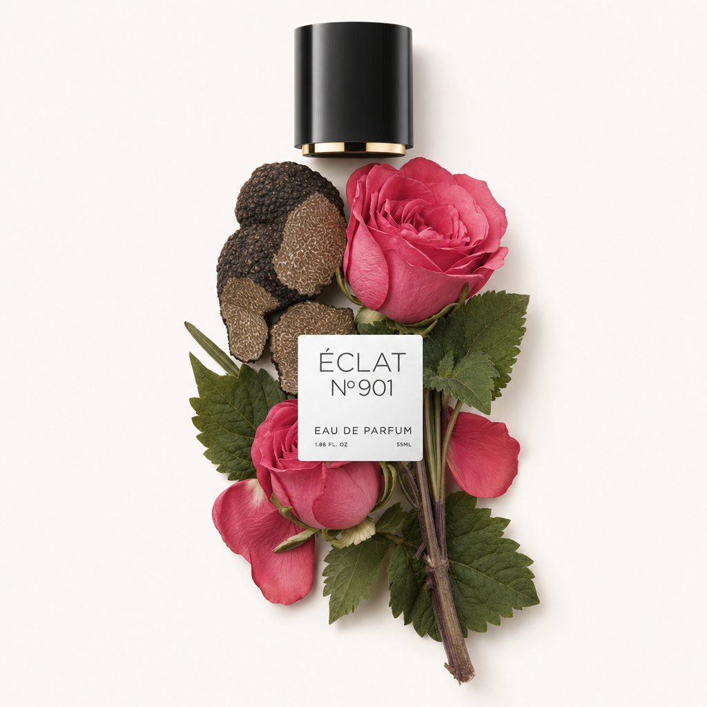 Un arrangiamento di rose rosa vivaci e fette di tartufo terroso circonda un tappo nero con etichetta per ÉCLAT VIP - Earthy Rose.