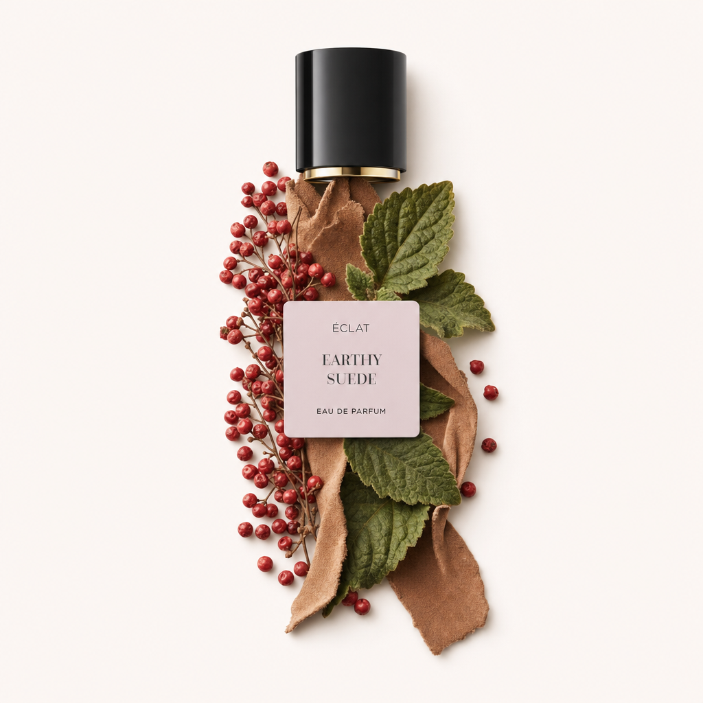 Un arrangiamento di bacche rosse, tessuto simile al camoscio e foglie verdi fresche giace sotto un tappo nero con etichetta ÉCLAT Earthy Suede.