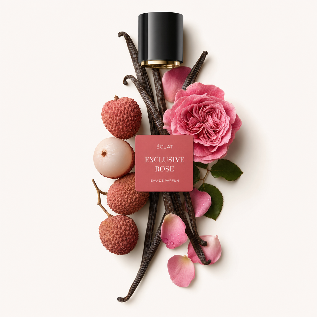 Una natura morta con ingredienti di ÉCLAT Exclusive Rose: rosa rosa, frutti di lychee, baccelli di vaniglia e petali di rosa, con un tappo nero con etichetta sopra.