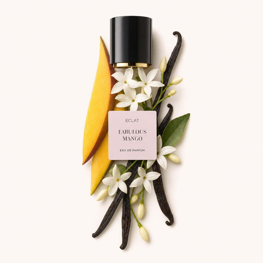 Un'armonica disposizione di fette di mango, fiori di gelsomino bianchi e baccelli di vaniglia circonda un tappo nero con bordo dorato e etichetta ÉCLAT Fabulous Mango.