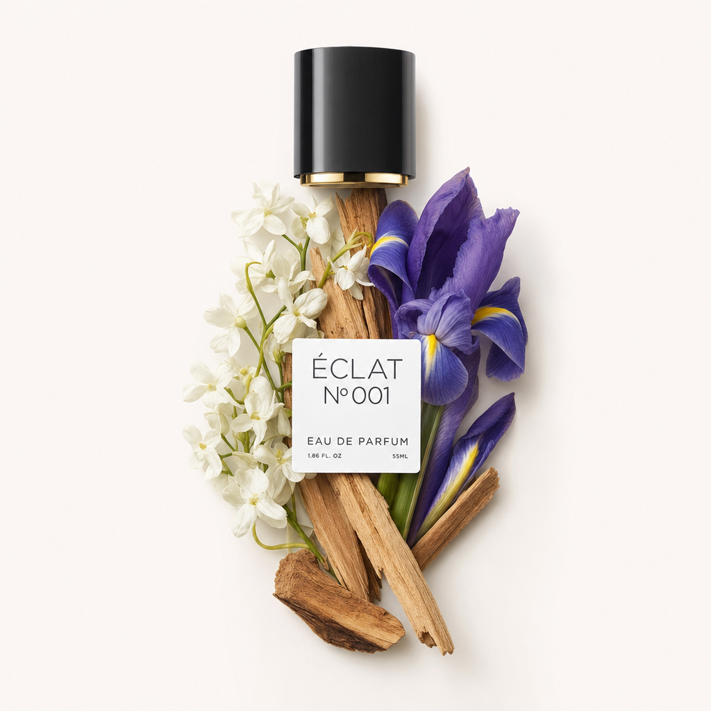 Un arrangiamento artistico di fiori bianchi, bastoncini di legno e un'iride viola circondano un tappo nero con accento dorato, etichettato per ÉCLAT Floral Aldehydes.