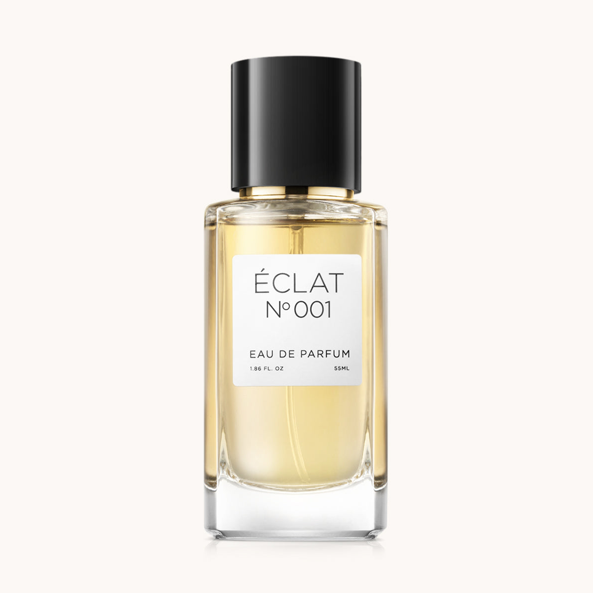 Boccetta di vetro sfaccettato di ÉCLAT Floral Aldehydes con tappo nero ed etichetta bianca.