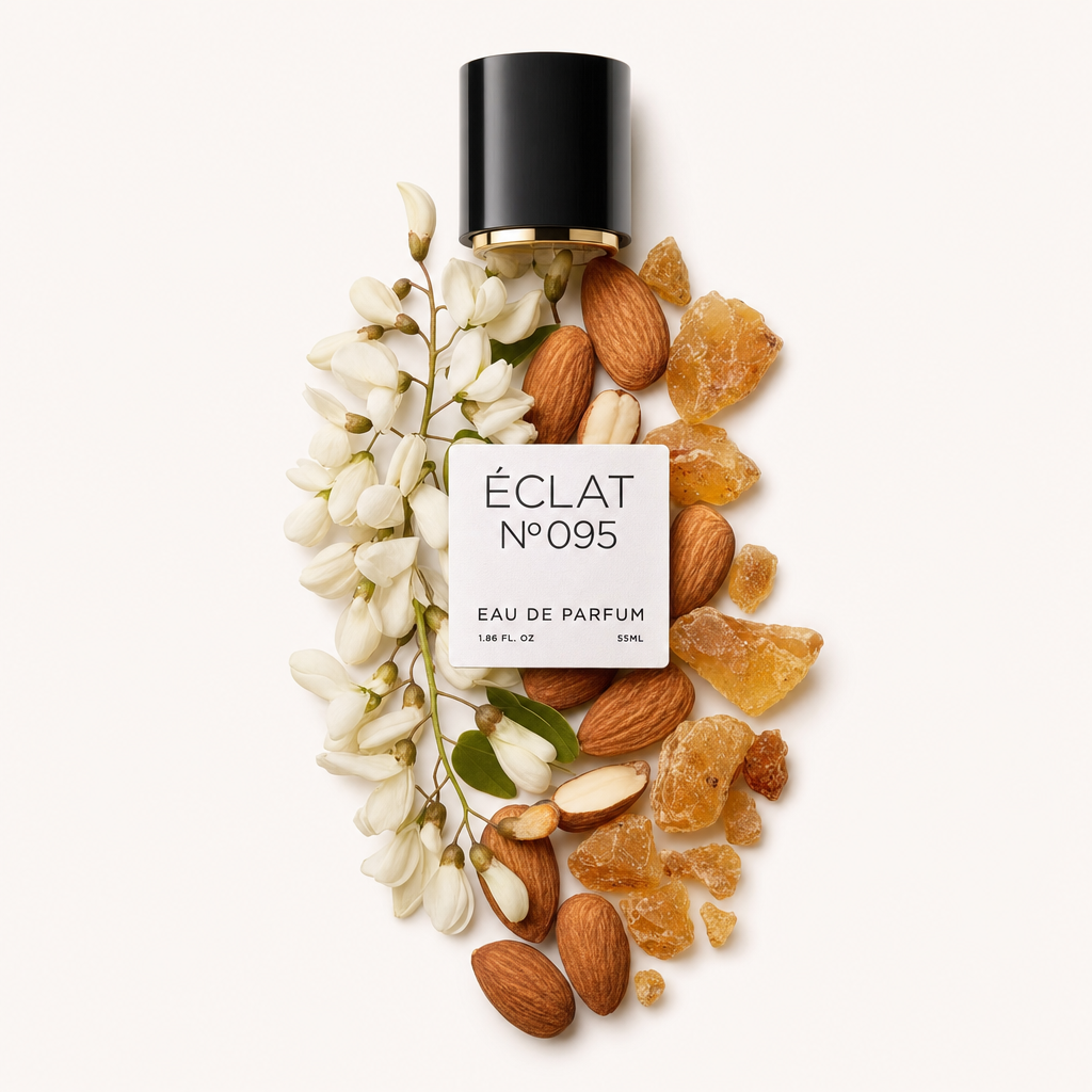 Un arrangiamento di fiori di mandorlo, mandorle intere e resine color ambra circonda un tappo nero con etichetta ÉCLAT Floral Almond.