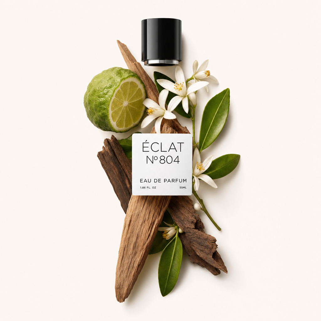 Un arrangiamento di bergamotto, fiori bianchi, foglie verdi e pezzi di legno circonda un tappo nero etichettato ÉCLAT Floral Bergamot.