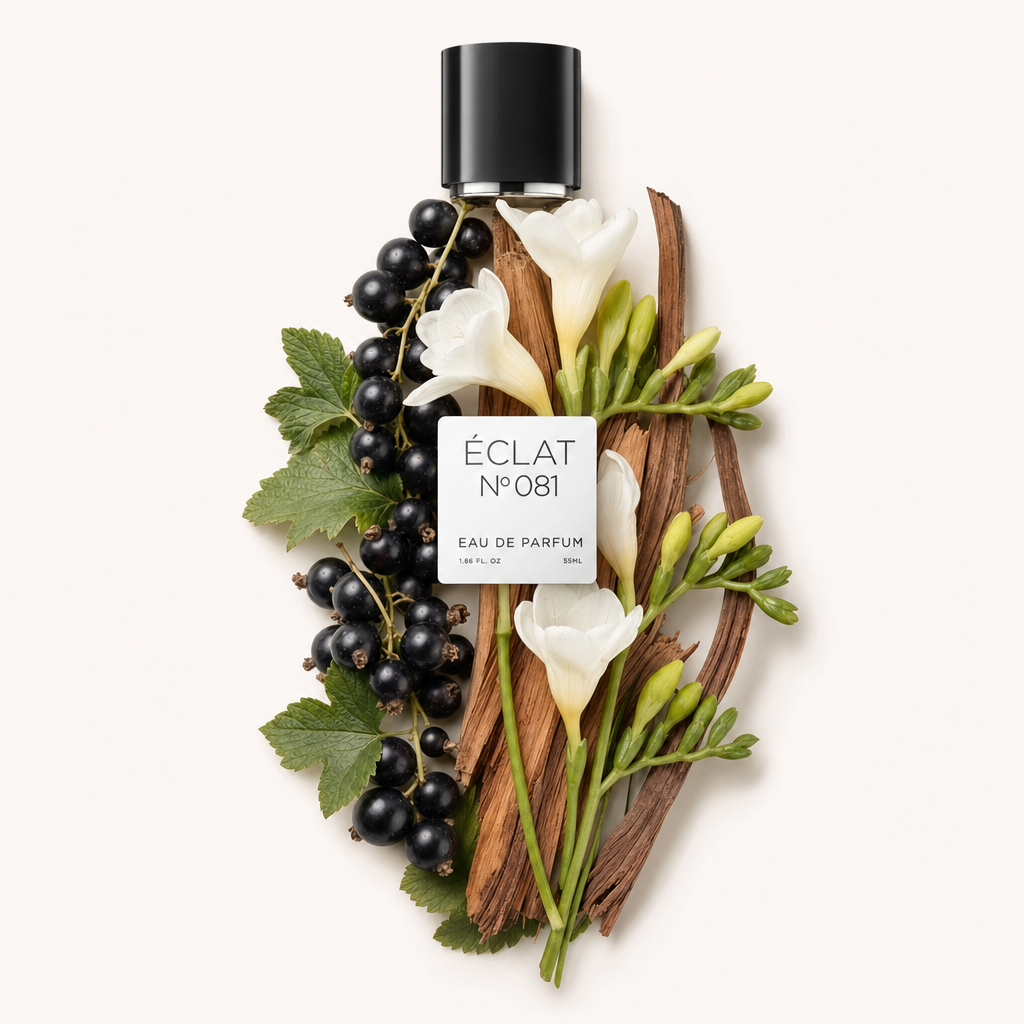 Un insieme di ribes nero, fiori bianchi, foglie verdi e bastoncini legnosi circonda il tappo nero originale con etichetta di ÉCLAT Floral Blackberry.