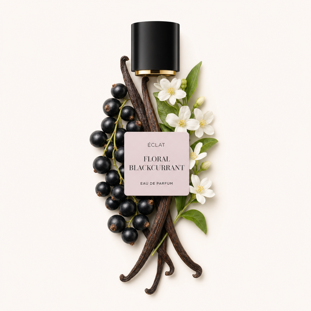 Un arrangiamento di bacche di ribes nero, baccelli di vaniglia e fiori bianchi circonda un tappo nero con etichetta ÉCLAT Floral Blackcurrant.