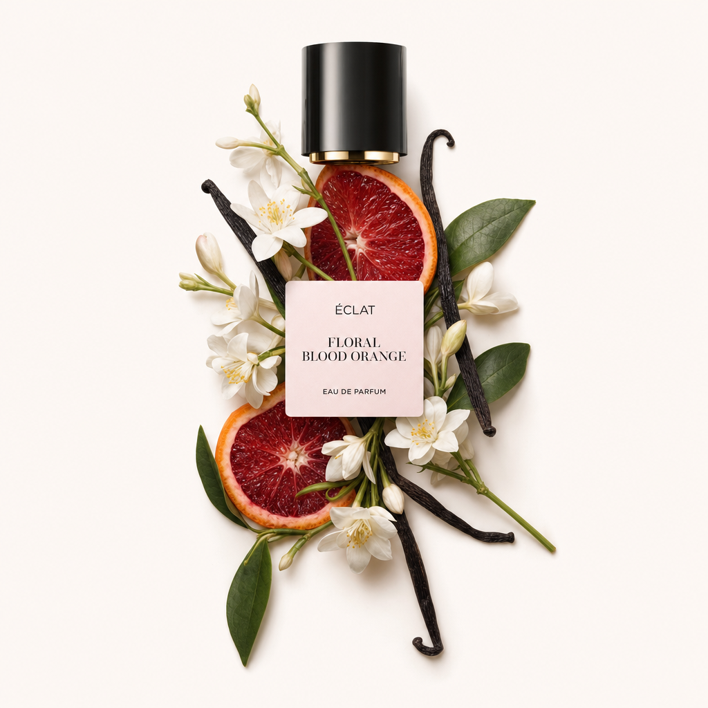 Un arrangiamento di fette di arancia rossa, fiori bianchi e baccelli di vaniglia, sormontato da un tappo nero con etichetta ÉCLAT Floral Blood Orange.