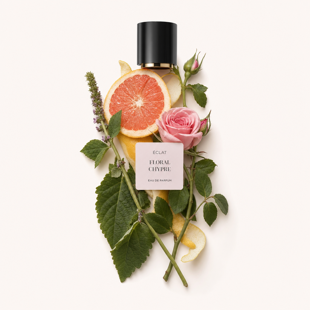 Una composizione di ingredienti per ÉCLAT Floral Chypre con un tappo nero; include rosa, pompelmo, menta e foglie.
