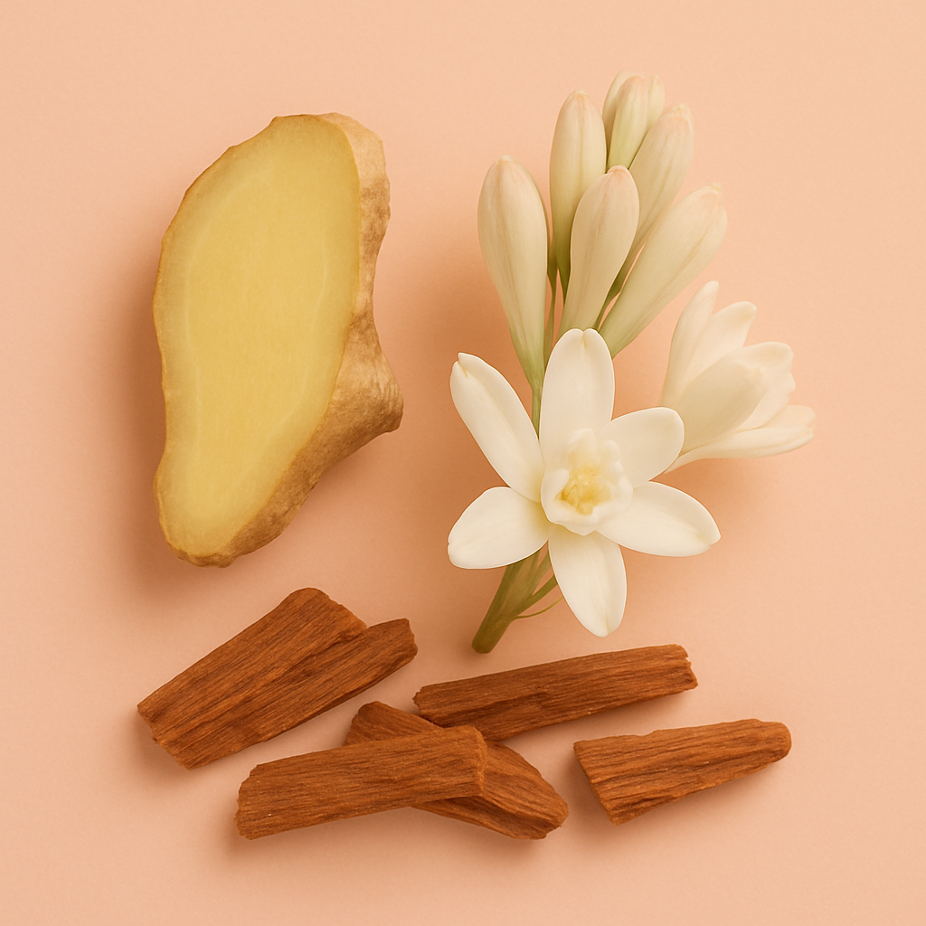 Disposizione di fetta di zenzero, fiori bianchi e pezzi di legno che rappresentano la fragranza ÉCLAT Floral Ginger.