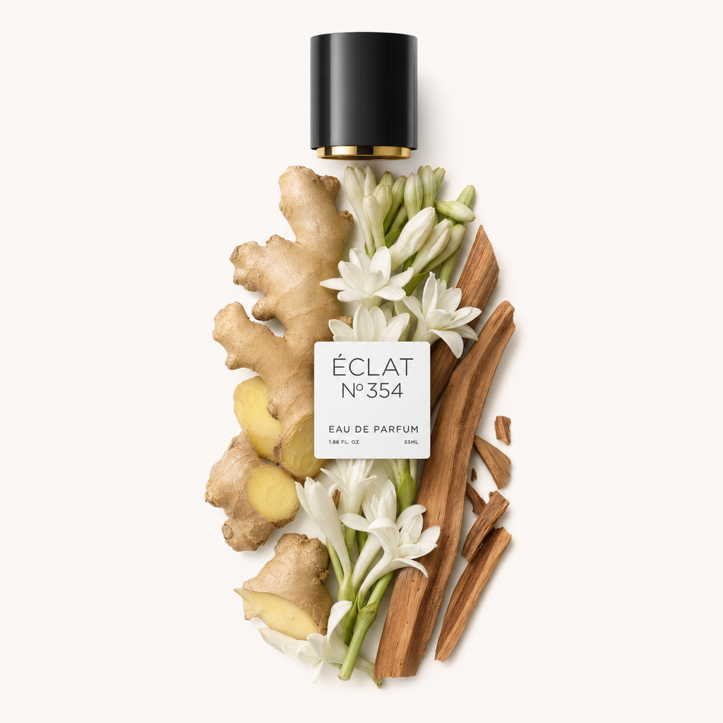Un arrangiamento di radici di zenzero, fiori bianchi e bastoncini di cannella sotto un tappo nero con etichetta ÉCLAT Floral Ginger.