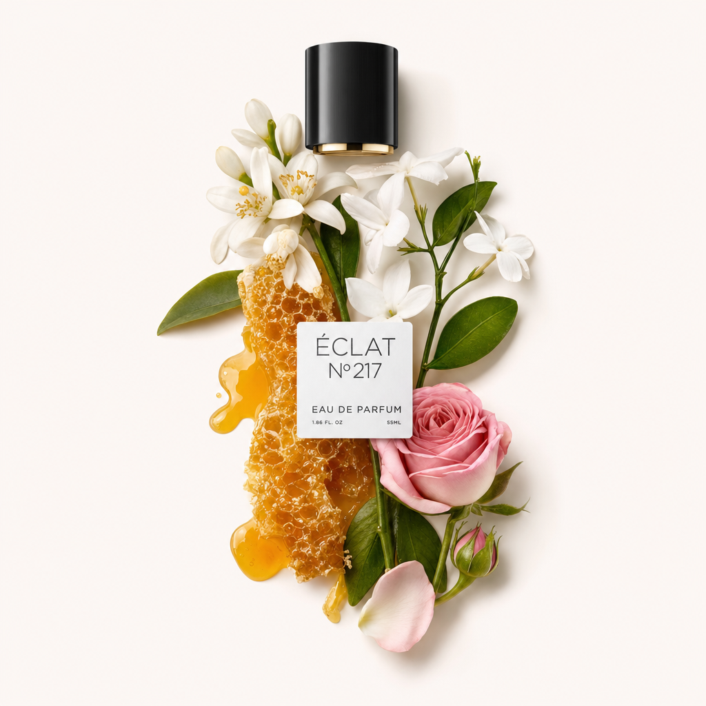 Un insieme di fiori di gelsomino, una rosa rosa e un favo di miele con un tappo nero sopra. L'etichetta riporta ÉCLAT Floral Honey.
