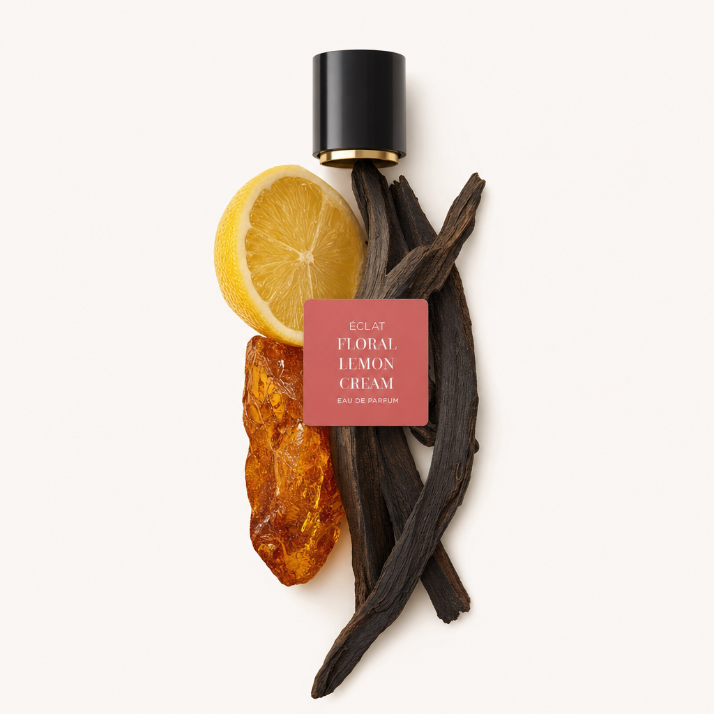 Un arrangiamento di mezzo limone, resina d'ambra e baccelli di vaniglia con un tappo nero che mostra l'etichetta ÉCLAT Floral Lemon Cream.