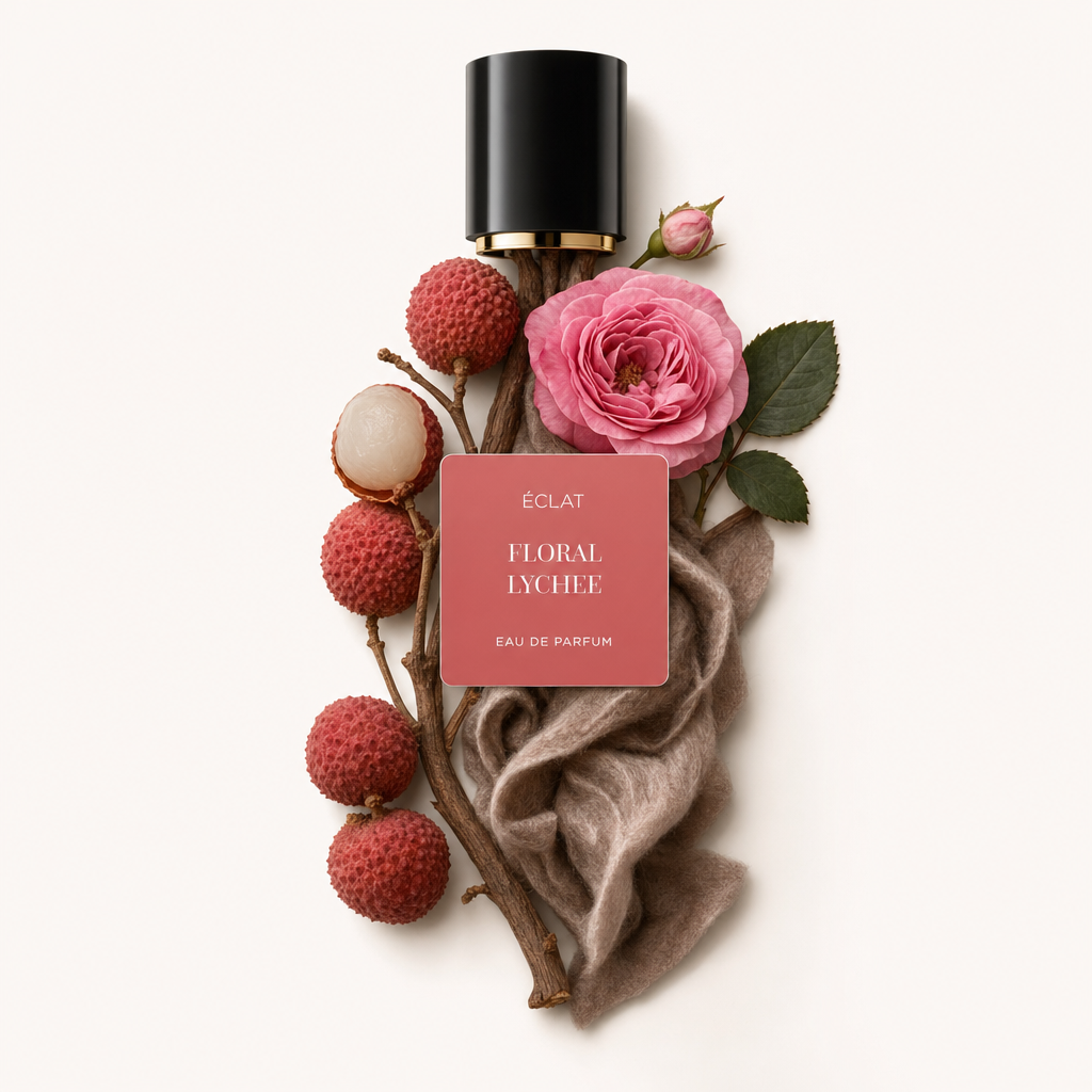 Una composizione di frutti di litchi freschi e una rosa rosa con foglie verdi, elegantemente disposti attorno a un tappo nero con etichetta ÉCLAT Floral Lychee.