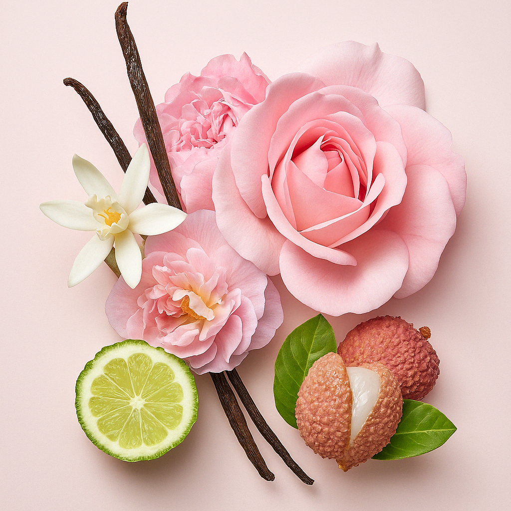 ÉCLAT Floral Lychee è rappresentato con una composizione di rose rosa, fiori bianchi, bastoncini di vaniglia, fette di lime e frutti di litchi.