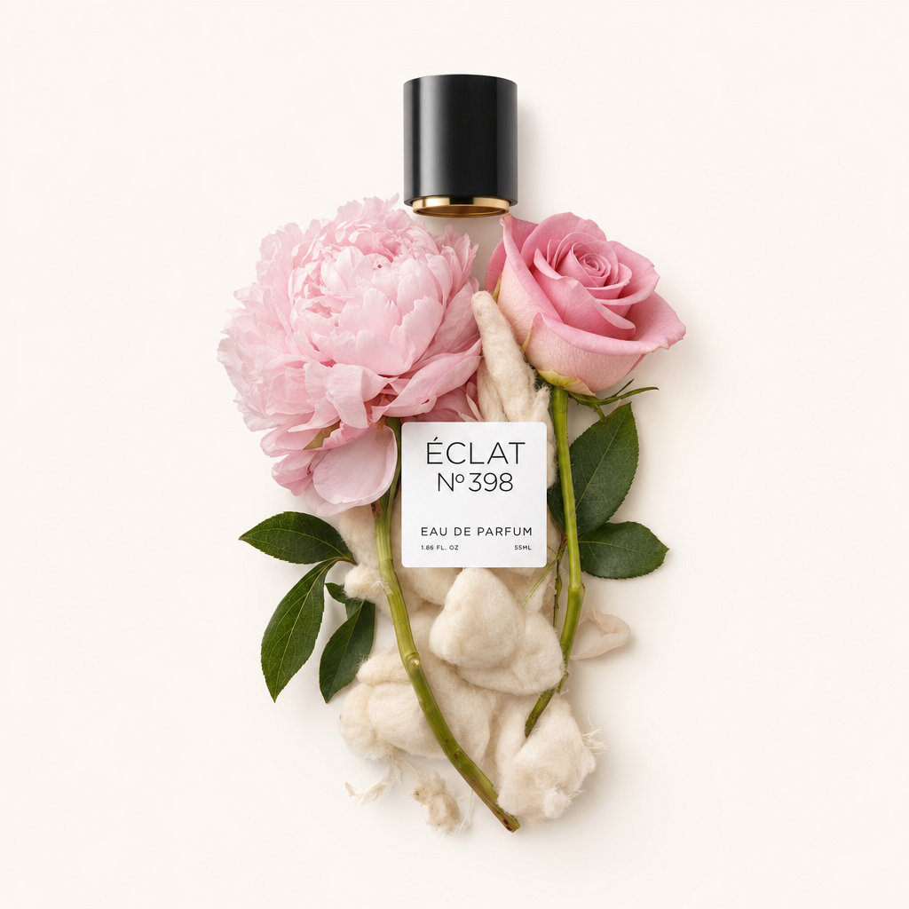Una natura morta disposta a mano con una delicata peonia rosa e rosa, accompagnata da cotone morbido, che circonda un tappo nero con etichetta ÉCLAT Floral Musk.