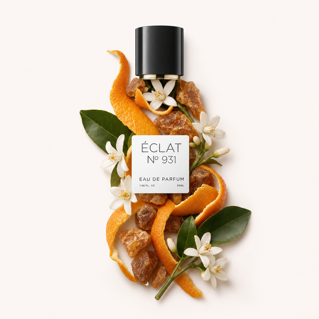 Un arrangiamento di bucce d'arancia, fiori bianchi e pezzi di resina circonda un tappo nero con etichetta, ÉCLAT Floral Neroli.