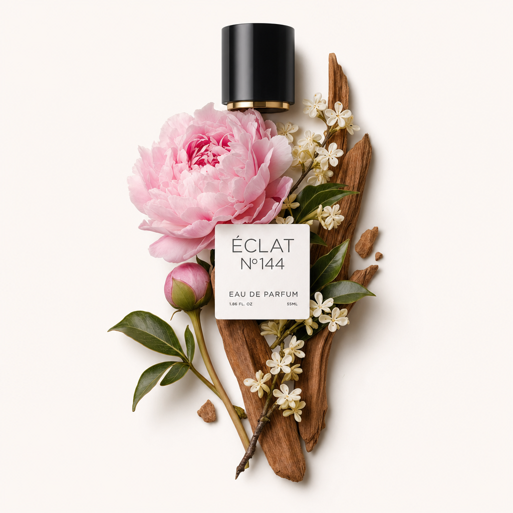 Una composizione con peonia rosa, fiori di osmanto e accenti di legno, accompagnata dal tappo nero di ÉCLAT con etichetta.