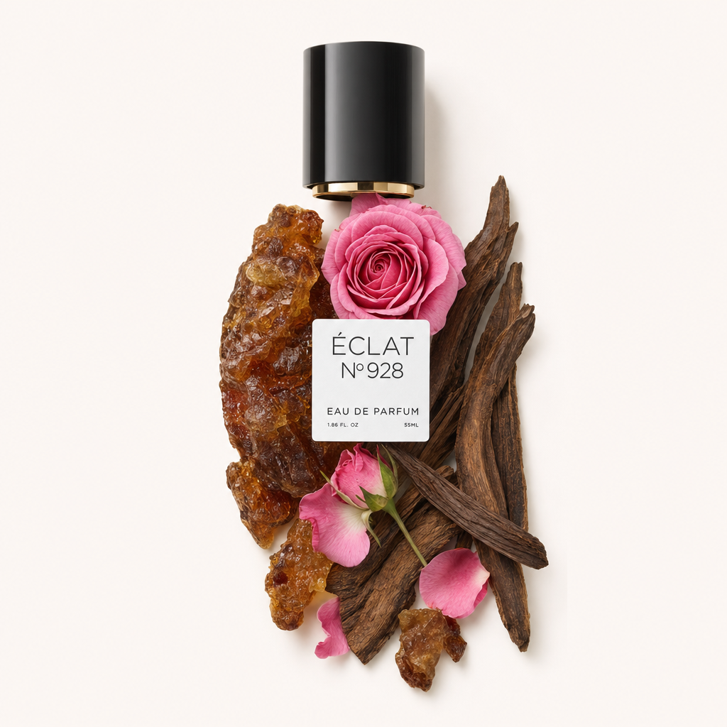 Un arrangiamento di ingredienti ÉCLAT Floral Oud con tappo nero ed etichetta, presenta rosa rosa, legno di oud e resina d'ambra.