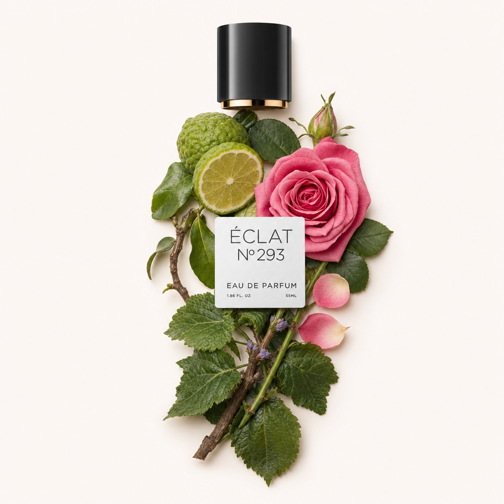 Un tappo nero con etichetta si trova sopra un arrangiamento di rosa rosa, fette di lime e foglie verdi, rappresentando ÉCLAT Floral Patchouli.