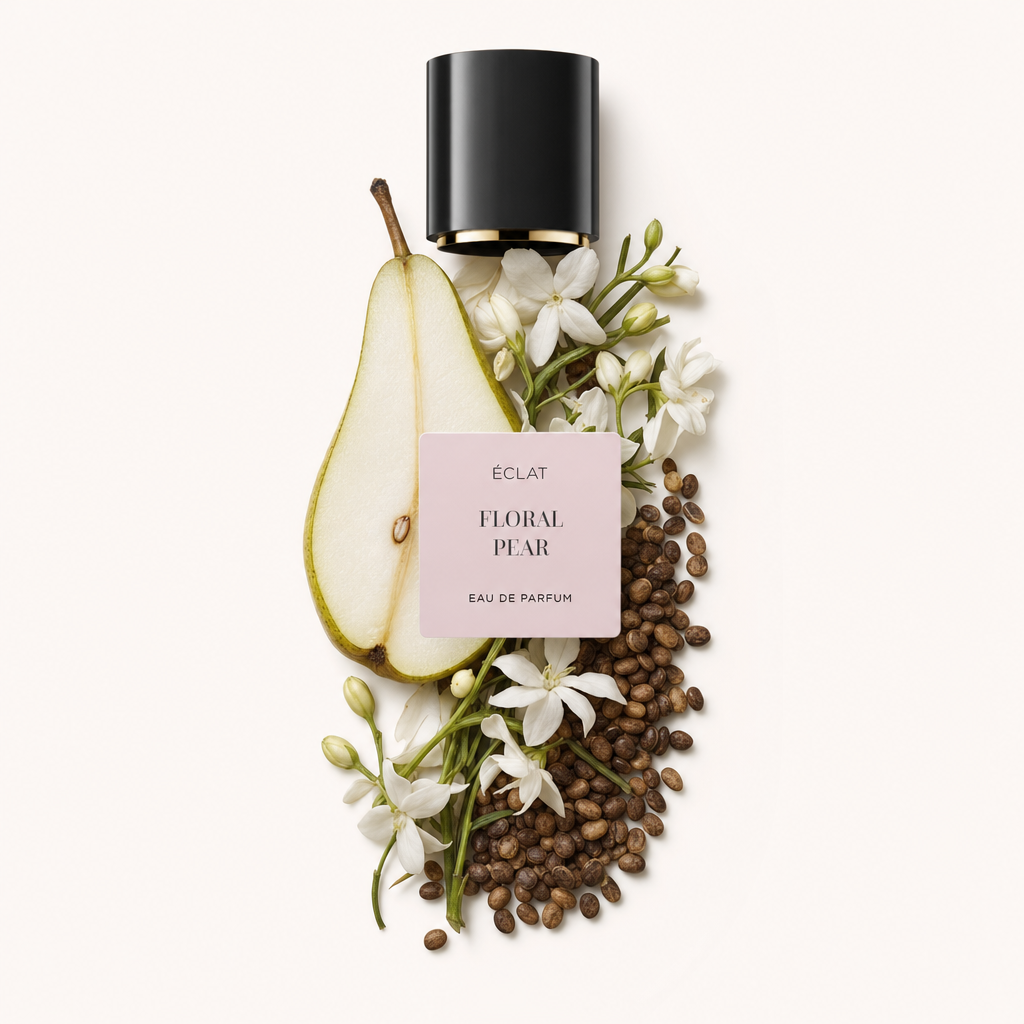 Un arrangiamento di mezza pera, chicchi di caffè e fiori bianchi circonda un tappo nero con etichetta di ÉCLAT Floral Pear.