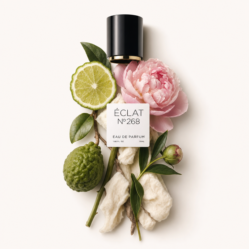 Un arrangiamento di bergamotto, lime, peonia ed elementi vegetali circonda il tappo nero con etichetta ÉCLAT Floral Peony.