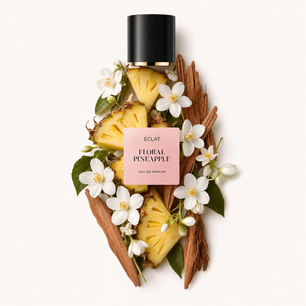 Un insieme di fette di ananas fresco, delicati fiori bianchi e legno strutturato circonda il tappo nero con etichetta ÉCLAT Floral Pineapple.