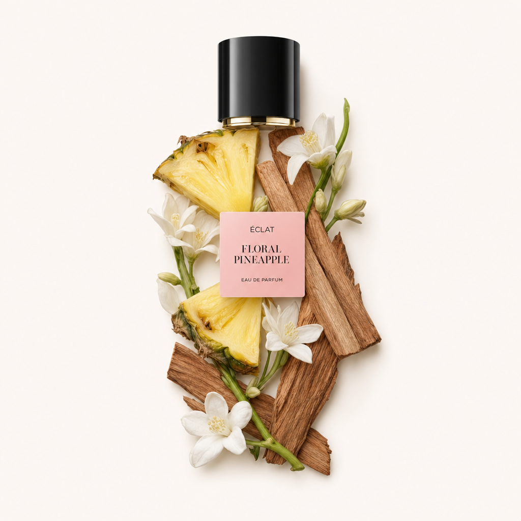Una composizione di fette di ananas, fiori bianchi e bastoncini di legno circonda un tappo nero con etichetta ÉCLAT Floral Pineapple.