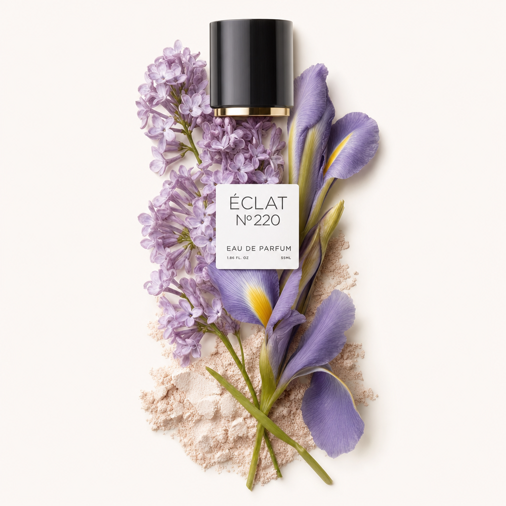 Un arrangiamento di delicati fiori di lillà e iris con una spolverata di polvere soffice circonda il cappuccio originale di ÉCLAT, con un'etichetta elegante.