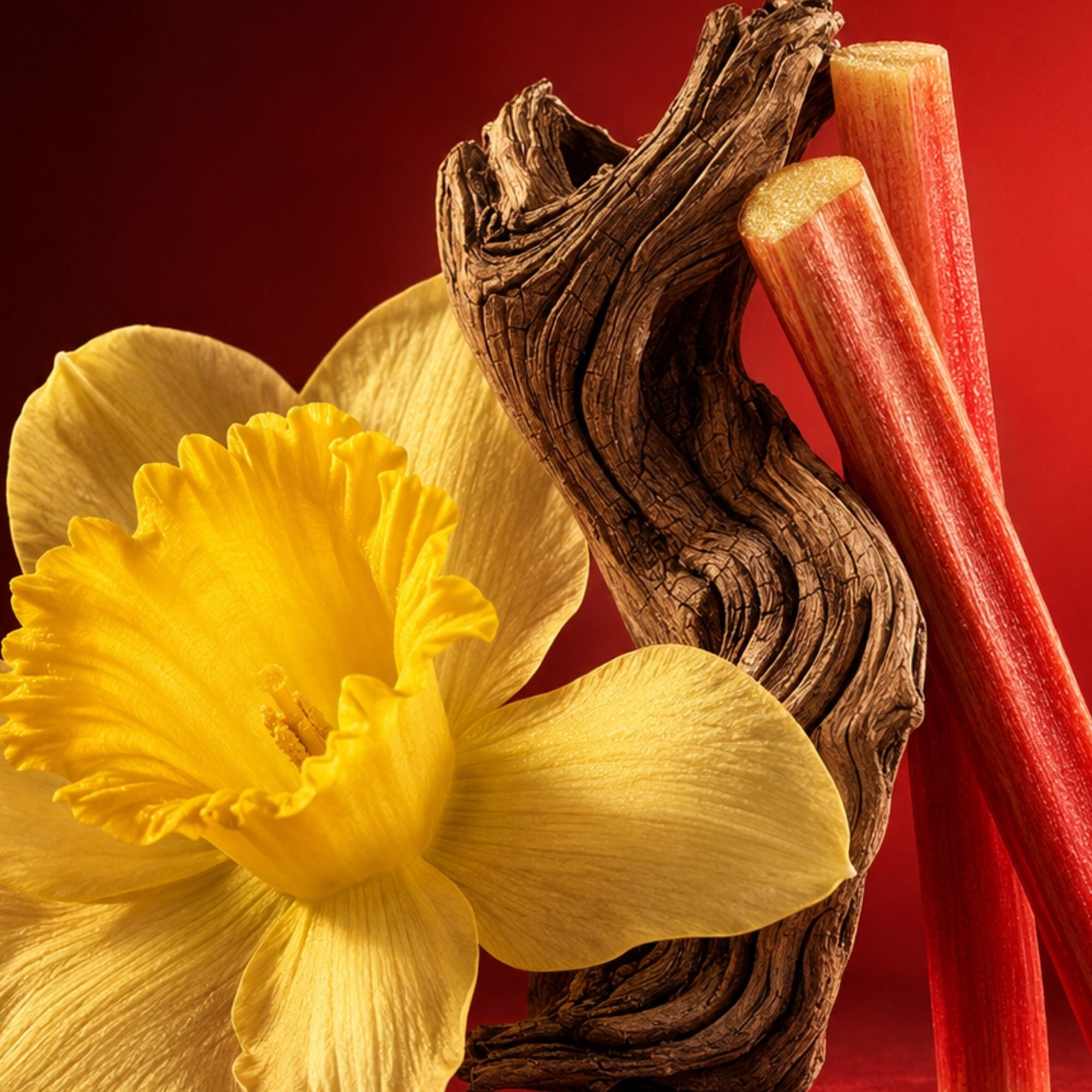 Una composizione con un narciso giallo, legno attorcigliato e steli di rabarbaro rosso vivo su uno sfondo rosso intenso.