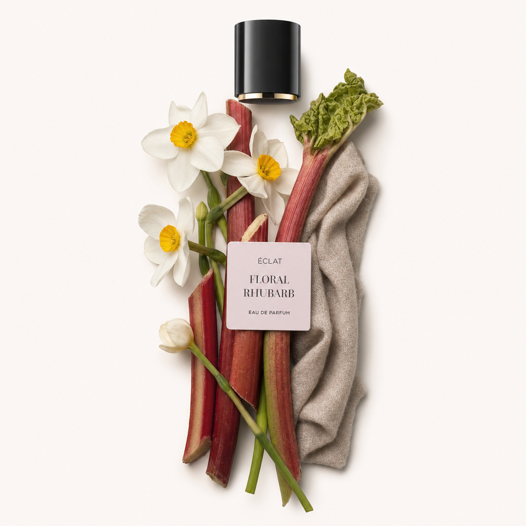 Una composizione di steli di rabarbaro, narcisi bianchi e tessuto beige, con tappo nero etichettato ÉCLAT Floral Rhubarb sopra.