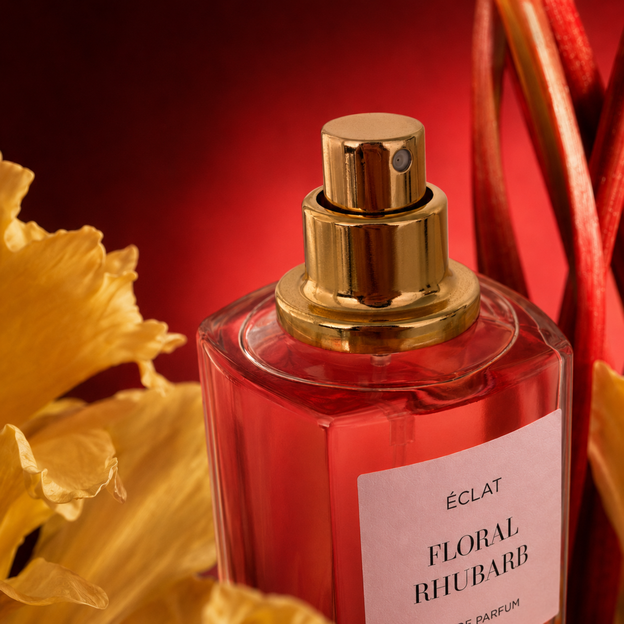 Flacone di profumo ÉCLAT Floral Rhubarb con tappo dorato, circondato da fiori gialli e rabarbaro, su sfondo rosso.