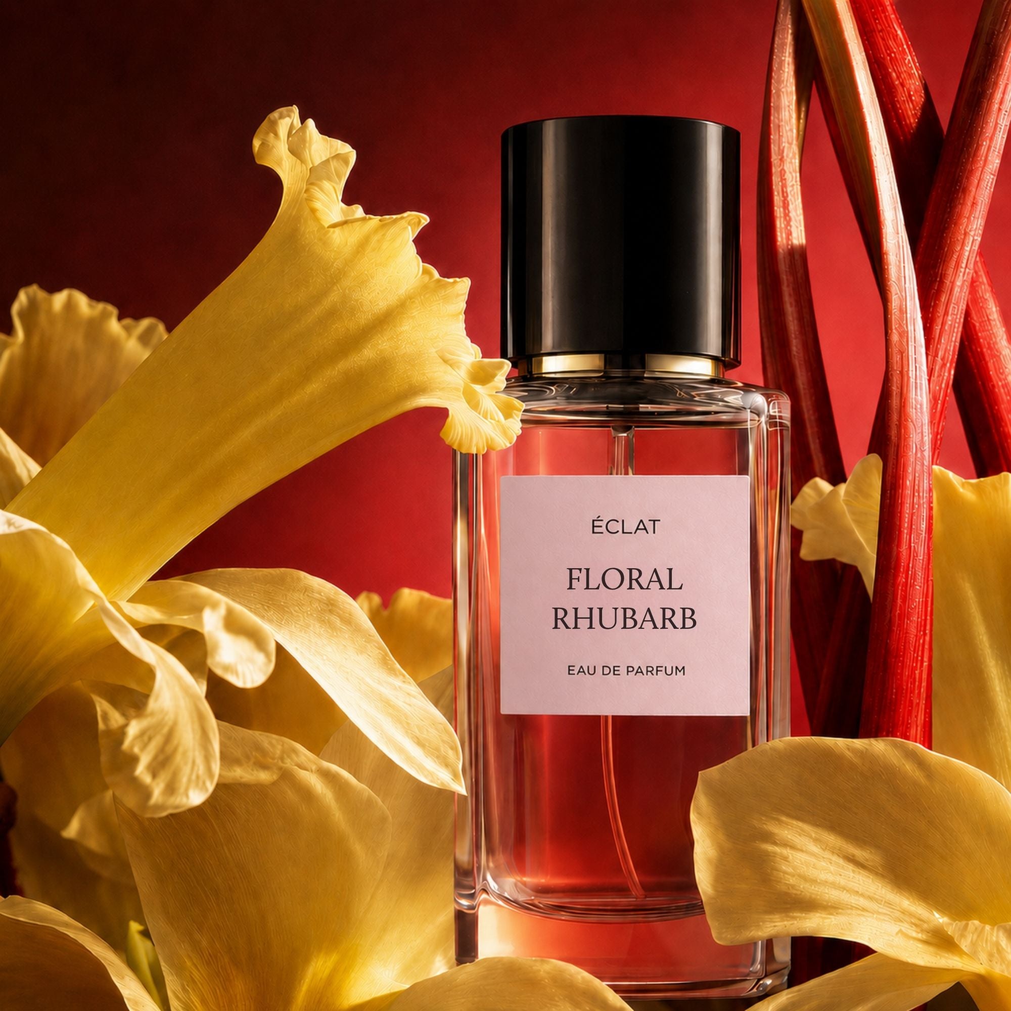 La bottiglia del profumo ÉCLAT Floral Rhubarb è presentata con un design in vetro elegante e tappo nero, circondata da fiori gialli vivaci e gambi di rabarbaro su sfondo rosso.